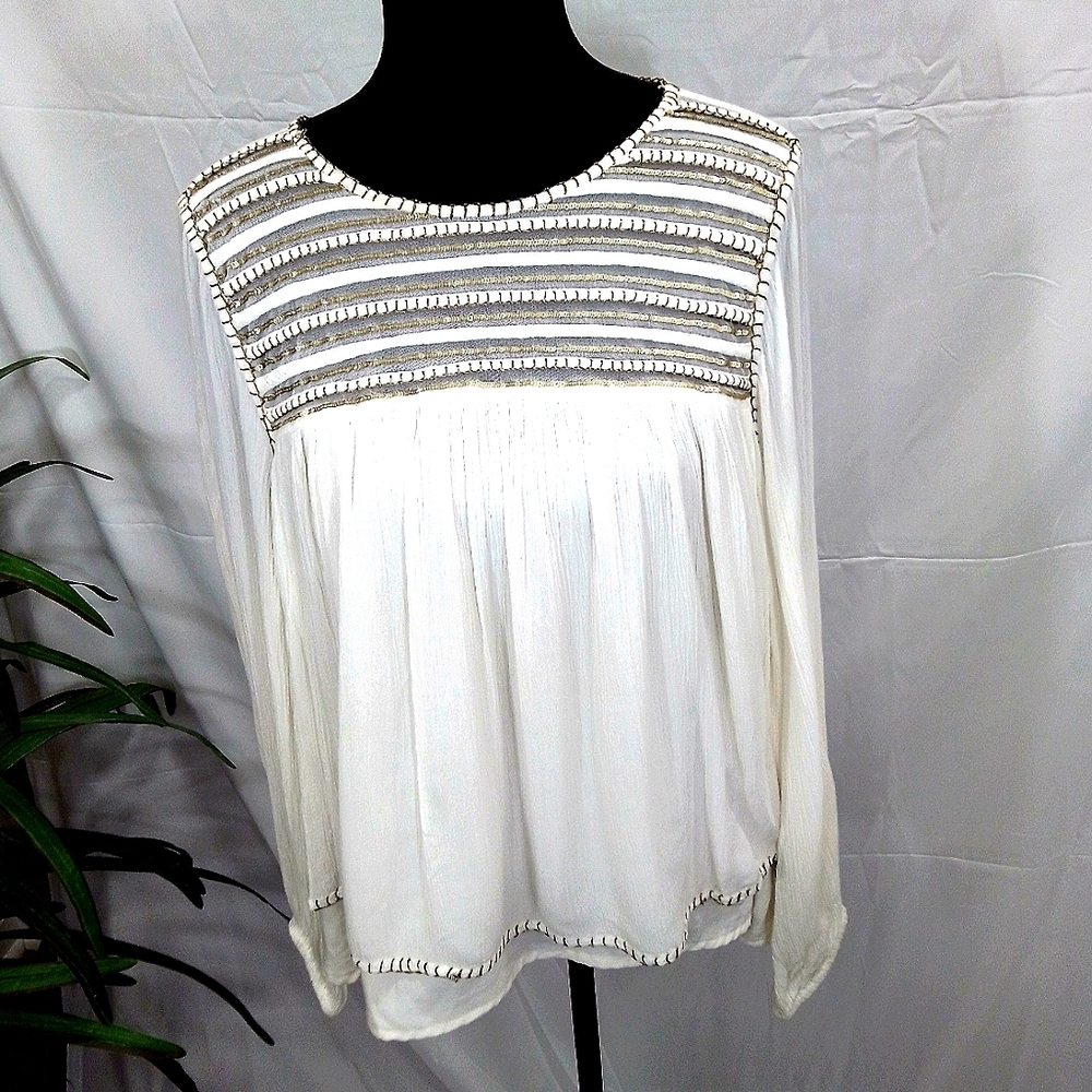 Forever 21 Off White/Gold Long Sleeve Crinkle BoHo Style Top
